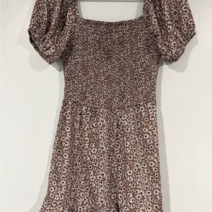 SHEIN Brown Floral Smocked Puff Sleeve Mini Dress